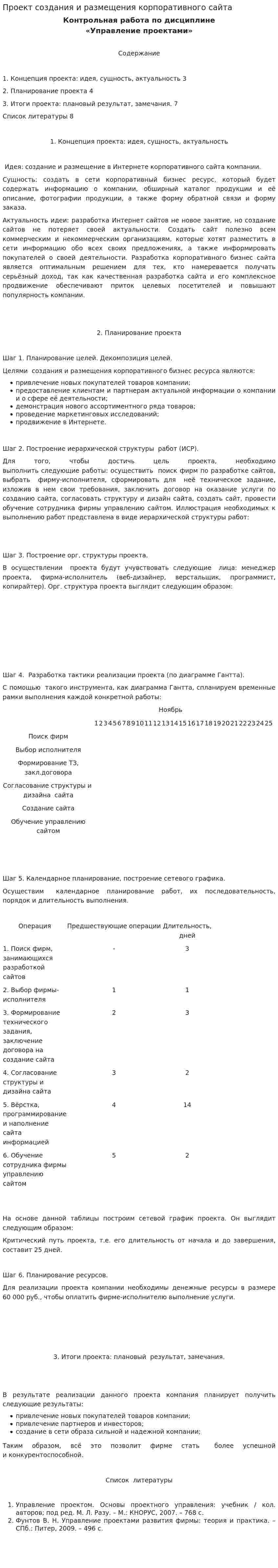 Проект создания и размещения корпоративного сайта