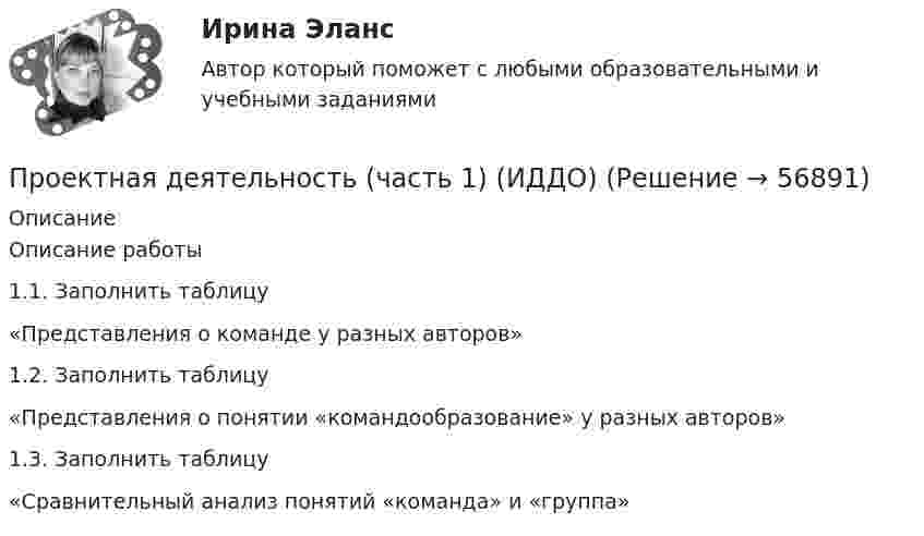      
            Описание
            Описание работы1.1. Заполнить таблицу«Представления о команде у разных авторов»1.2. Заполнить таблицу«Представления о понятии «командообразование» у разных авторов»1.3. Заполнить таблицу«Сравнительный анализ понятий «команда» и «группа»   
            
            
            Проектная деятельность Тайм-менеджмент (ИДДО) планированиеПроектная деятельность (часть 1) (ИДДО)Проектная и исследовательская деятельность в профессиональной сфере (ПНК) Практическое занятие 1. Задания 2-8, 10 Проектная и исследовательская деятельность в профессиональной сфере (ПНК) тест 1Проектная и исследовательская деятельность в профессиональной сфере (ПНК) тест 2💯 Проектная и юридическая документация в играх (ответы на тест Синергия / МОИ / МТИ / МосАП, ноябрь 2023)💯 Проектная и юридическая документация в играх (ответы на тест Синергия / МОИ / МТИ / МосАП, январь 2024)Проектная деятельность (практикум) 4Проектная деятельность (практикум) 4Проектная деятельность (практикум)4Проектная деятельность практикум Росдистант Проектная деятельность. Проект на тему Энергия ветра Проектная деятельность. Синергия. Ответы на ИТОГОВЫЙ ТЕСТ. На отлично!Проектная деятельность Тайм-менеджмент