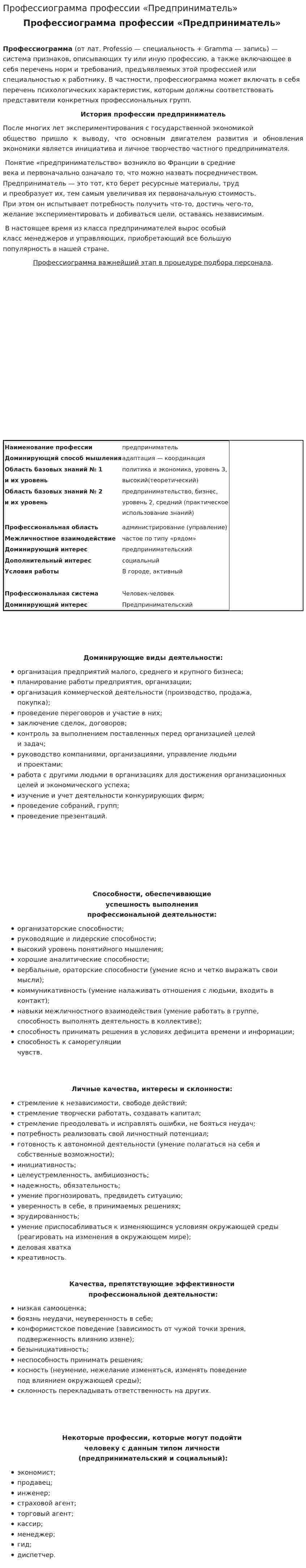 Профессиограмма профессии «Предприниматель»