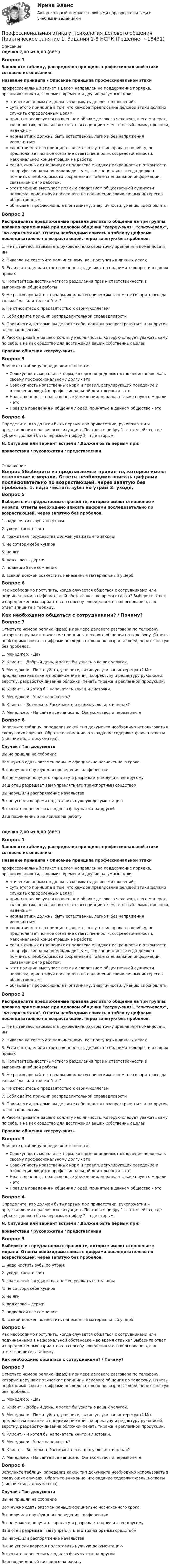      
          Описание
          Оценка 7,00 из 8,00 (88%)Вопрос 1Заполните таблицу, распределив принципы профессиональной этики согласно их описанию.Название принципа / Описание принципа профессиональной этикипрофессиональный этикет в целом направлен на поддержание порядка, организованности, экономию времени и другие разумные цели;этические нормы не должны сковывать деловых отношений;суть этого принципа в том, что каждое предписание деловой этики должно служить определенным целям;принцип реализуется во внешнем облике делового человека, в его манерах, склонностях, невольно вызывать ассоциации с чем-то незыблемым, прочным, надежным;нормы этики должны быть естественны, легко и без напряжения исполнятьсяследствием этого принципа является отсутствие права на ошибку, он предполагает полное сознание ответственности, сосредоточенности, максимальной концентрации на работе;если в личных отношениях от человека ожидают искренности и открытости, то профессиональная мораль диктует, что специалист всегда должен помнить о необходимости сохранения в тайне специальной информации, связанной с его работой;этот принцип выступает прямым следствием общественной сущности человека, ориентируя последнего на подчинение своих личных интересов общественным;обязывает профессионала к оптимизму, энергичности, умению вдохновлять.Вопрос 2Распределите предложенные правила делового общения на три группы: правила применимые при деловом общении сверху-вниз, снизу-вверх, по горизонтали. Ответы необходимо вписать в таблицу цифрами последовательно по возрастающей, через запятую без пробелов.1.              Не пытайтесь навязывать руководителю свою точку зре­ния или командовать им2.              Никогда не советуйте подчиненному, как поступать в личных делах3.              Если вас наделили ответственностью, деликатно подни­мите вопрос и о ваших правах4.              Попытайтесь достичь четкого разделения прав и ответст­венности в выполнении общей работы5.              Не разговаривайте с начальником категорическим тоном, не говорите всегда только да или только нет6.              Не относитесь с предвзятостью к своим коллегам7.              Соблюдайте принцип распределительной справедливости8.              Привилегии, которые вы делаете себе, должны распро­страняться и на других членов коллектива9.              Рассматривайте вашего коллегу как личность, которую следует уважать саму по себе, а не как средство для дос­тижения ваших собственных целей Правила общения «сверху-вниз»Вопрос 3Впишите в таблицу определяемые понятия. Совокупность моральных норм, которые определяют отношение человека к своему профессиональному долгу - это Совокупность нравственных норм и правил, регулирующих поведение и отношение людей в профессиональной деятельности - это Нравственность, нравственные убеждения, мораль, а также наука о морали – это Правила поведения и общения людей, принятые в данном обществе – это Вопрос 4Определите, кто должен быть первым при приветствии, рукопожатии и представлении в различных ситуациях. Поставьте цифру 1 в тех ячейках, где субъект должен быть первым, и цифру 2 – где вторым. № Ситуация или вариант встречи  / Должен быть первым при:приветствии / рукопожатии / представлении 
          Оглавление
          Вопрос 5Выберите из предлагаемых правил те, которые имеют отношение к морали. Ответы необходимо вписать цифрами последовательно по возрастающей, через запятую без пробелов. 1.    надо чистить зубы по утрам 2.    уходя, гасите свет 3.    гражданин государства должен уважать его законы 4.    не сотвори себе кумира 5.    не лги 6.    дал слово – держи 7.    подвергай все сомнению 8.    всякий должен возместить нанесенный материальный ущерб Вопрос 6Как необходимо поступить, когда случается общаться с сотрудниками или подчиненными в неформальной обстановке – во время отдыха? Выберите ответ из предложенных вариантов по способу поведения и его обоснованию, ваш ответ впишите в таблицу.Как необходимо общаться с сотрудниками?  /  Почему?Вопрос 7Отметьте номера реплик (фраз) в примере делового разговора по телефону, которые нарушают этические принципы делового общения по телефону. Ответы необходимо вписать цифрами последовательно по возрастающей, через запятую без пробелов.1.    Менеджер: - Да?2.    Клиент: - Добрый день, я хотел бы узнать о ваших услугах.3.    Менеджер: - Пожалуйста, уточните, какие услуги вас интересуют? Мы предлагаем издание и продвижение книг, корректуру и редактуру рукописей, верстку, разработку дизайна обложки, печать тиража и рекламной продукции.4.    Клиент: - Я хотел бы напечатать книги и листовки.5.    Менеджер: - У нас напечатать?6.    Клиент: - Возможно. Расскажете о ваших условиях и ценах?7.   Менеджер: - На сайте все написано. Ознакомьтесь и перезвоните.Вопрос 8Заполните таблицу, определив какой тип документа необходимо использовать в следующих случаях. Обратите внимание, что задание содержит фальш-ответы (лишние виды документов). Случай / Тип документаВы не пришли на собраниеВам нужно сдать экзамен раньше официально назначенного срокаВы получили ноутбук для проведения конференцииВы не можете получить зарплату и разрешаете получить ее другомуВаш отец разрешает вам управлять его транспортным средствомВы нарушили распоряжение начальстваВы не успели вовремя подготовить нужную документациюВы хотите перевестись с одного факультета на другойВаш подчиненный не явился на работу Оценка 7,00 из 8,00 (88%)Вопрос 1Заполните таблицу, распределив принципы профессиональной этики согласно их описанию.Название принципа / Описание принципа профессиональной этикипрофессиональный этикет в целом направлен на поддержание порядка, организованности, экономию времени и другие разумные цели;этические нормы не должны сковывать деловых отношений;суть этого принципа в том, что каждое предписание деловой этики должно служить определенным целям;принцип реализуется во внешнем облике делового человека, в его манерах, склонностях, невольно вызывать ассоциации с чем-то незыблемым, прочным, надежным;нормы этики должны быть естественны, легко и без напряжения исполнятьсяследствием этого принципа является отсутствие права на ошибку, он предполагает полное сознание ответственности, сосредоточенности, максимальной концентрации на работе;если в личных отношениях от человека ожидают искренности и открытости, то профессиональная мораль диктует, что специалист всегда должен помнить о необходимости сохранения в тайне специальной информации, связанной с его работой;этот принцип выступает прямым следствием общественной сущности человека, ориентируя последнего на подчинение своих личных интересов общественным;обязывает профессионала к оптимизму, энергичности, умению вдохновлять.Вопрос 2Распределите предложенные правила делового общения на три группы: правила применимые при деловом общении сверху-вниз, снизу-вверх, по горизонтали. Ответы необходимо вписать в таблицу цифрами последовательно по возрастающей, через запятую без пробелов.1.              Не пытайтесь навязывать руководителю свою точку зре­ния или командовать им2.              Никогда не советуйте подчиненному, как поступать в личных делах3.              Если вас наделили ответственностью, деликатно подни­мите вопрос и о ваших правах4.              Попытайтесь достичь четкого разделения прав и ответст­венности в выполнении общей работы5.              Не разговаривайте с начальником категорическим тоном, не говорите всегда только да или только нет6.              Не относитесь с предвзятостью к своим коллегам7.              Соблюдайте принцип распределительной справедливости8.              Привилегии, которые вы делаете себе, должны распро­страняться и на других членов коллектива9.              Рассматривайте вашего коллегу как личность, которую следует уважать саму по себе, а не как средство для дос­тижения ваших собственных целей Правила общения «сверху-вниз»Вопрос 3Впишите в таблицу определяемые понятия. Совокупность моральных норм, которые определяют отношение человека к своему профессиональному долгу - это Совокупность нравственных норм и правил, регулирующих поведение и отношение людей в профессиональной деятельности - это Нравственность, нравственные убеждения, мораль, а также наука о морали – это Правила поведения и общения людей, принятые в данном обществе – это Вопрос 4Определите, кто должен быть первым при приветствии, рукопожатии и представлении в различных ситуациях. Поставьте цифру 1 в тех ячейках, где субъект должен быть первым, и цифру 2 – где вторым. № Ситуация или вариант встречи  / Должен быть первым при:приветствии / рукопожатии / представленииВопрос 5Выберите из предлагаемых правил те, которые имеют отношение к морали. Ответы необходимо вписать цифрами последовательно по возрастающей, через запятую без пробелов. 1.    надо чистить зубы по утрам 2.    уходя, гасите свет 3.    гражданин государства должен уважать его законы 4.    не сотвори себе кумира 5.    не лги 6.    дал слово – держи 7.    подвергай все сомнению 8.    всякий должен возместить нанесенный материальный ущерб Вопрос 6Как необходимо поступить, когда случается общаться с сотрудниками или подчиненными в неформальной обстановке – во время отдыха? Выберите ответ из предложенных вариантов по способу поведения и его обоснованию, ваш ответ впишите в таблицу.Как необходимо общаться с сотрудниками?  /  Почему?Вопрос 7Отметьте номера реплик (фраз) в примере делового разговора по телефону, которые нарушают этические принципы делового общения по телефону. Ответы необходимо вписать цифрами последовательно по возрастающей, через запятую без пробелов. 1.    Менеджер: - Да?2.    Клиент: - Добрый день, я хотел бы узнать о ваших услугах. 3.    Менеджер: - Пожалуйста, уточните, какие услуги вас интересуют? Мы предлагаем издание и продвижение книг, корректуру и редактуру рукописей, верстку, разработку дизайна обложки, печать тиража и рекламной продукции. 4.    Клиент: - Я хотел бы напечатать книги и листовки. 5.    Менеджер: - У нас напечатать? 6.    Клиент: - Возможно. Расскажете о ваших условиях и ценах? 7.   Менеджер: - На сайте все написано. Ознакомьтесь и перезвоните.Вопрос 8Заполните таблицу, определив какой тип документа необходимо использовать в следующих случаях. Обратите внимание, что задание содержит фальш-ответы (лишние виды документов). Случай / Тип документаВы не пришли на собрание  Вам нужно сдать экзамен раньше официально назначенного срока  Вы получили ноутбук для проведения конференции  Вы не можете получить зарплату и разрешаете получить ее другому  Ваш отец разрешает вам управлять его транспортным средством  Вы нарушили распоряжение начальства Вы не успели вовремя подготовить нужную документацию Вы хотите перевестись с одного факультета на другой Ваш подчиненный не явился на работу  
            
            
            Профессиональная этика и психология делового общения Практическое занятие 1. Задание 9 (филворд) НСПКПрофессиональная этика и психология делового общения  Практическое занятие 1. Задания 1-8  НСПКПрофессиональная этика и психология делового общения  Практическое занятие 2  НСПКПрофессиональная этика и психология делового общения Практическое занятие 3   НСПКПрофессиональная этика и психология делового общения Практическое занятие 4Профессиональная этика и психология делового общения Практическое занятие 4  НСПКПрофессиональная этика и психология делового общения  ТЕСТ-1  НСПКПрофессиональная этика и психология делового общения (ДОУА) тест 4Профессиональная этика и психология делового общения (ДОУА) Тестовые вопросы к разделу 1Профессиональная этика и психология делового общения (ДОУА) Тестовые вопросы к разделу 2Профессиональная этика и психология делового общения (ДОУА) Тестовые вопросы к разделу 3Профессиональная этика и психология делового общения (ДОУА) Тестовые вопросы к разделу 4Профессиональная этика и психология делового общения  Итоговое тестирование НСПКПрофессиональная этика и психология делового общения Итоговое тестирование НСПК