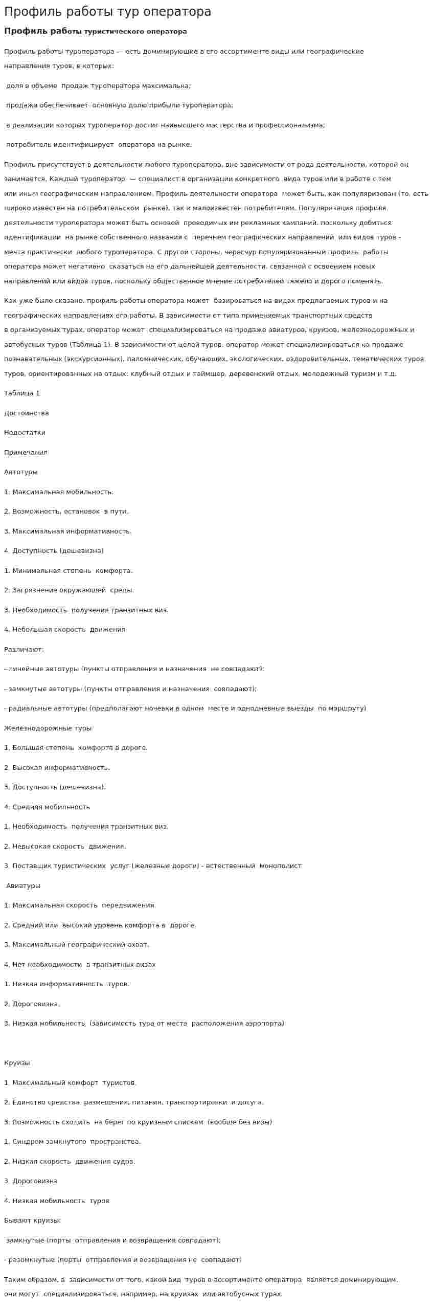 Профиль работы тур оператора