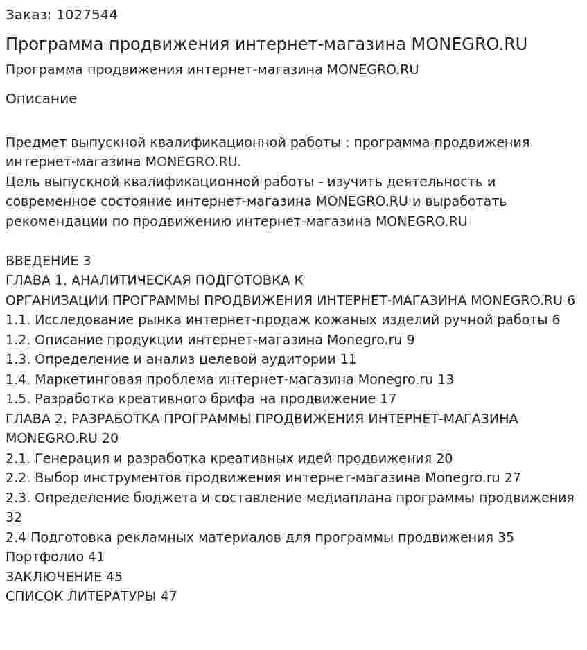 Программа продвижения интернет-магазина MONEGRO.RU (дипломная работа) 