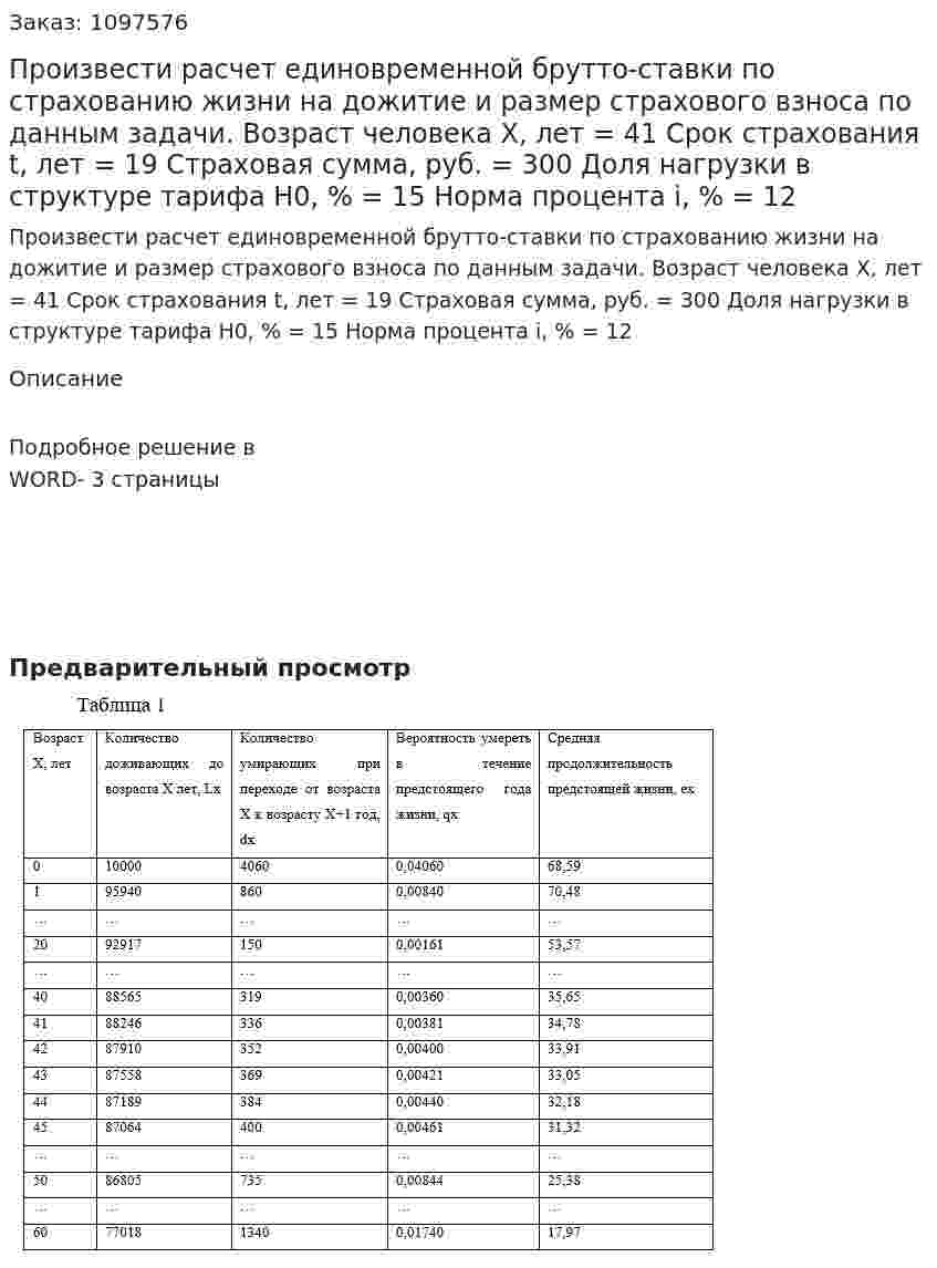 Произвести расчет единовременной брутто-ставки по страхованию жизни на дожитие и размер страхового взноса по данным задачи.  Возраст человека X, лет = 41  Срок страхования t, лет = 19  Страховая сумма, руб. = 300  Доля нагрузки в структуре тарифа H0, % = 15  Норма процента i, % = 12 