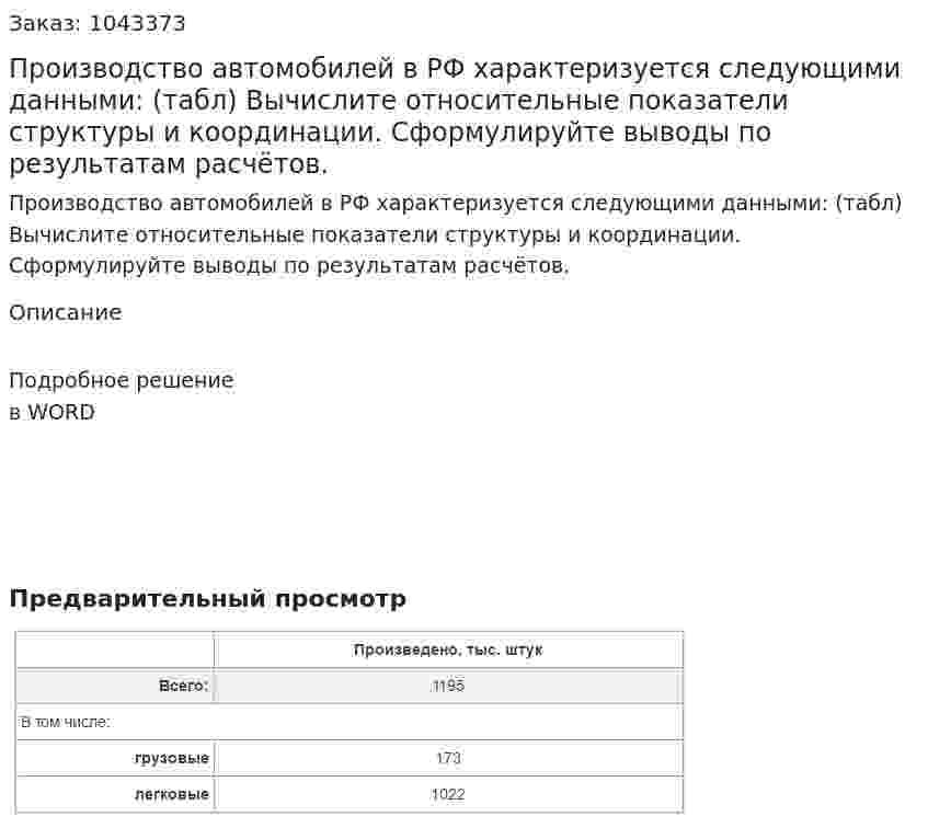 Производство автомобилей в РФ характеризуется следующими данными: (табл) 	Вычислите относительные показатели структуры и координации. Сформулируйте выводы по результатам расчётов. 