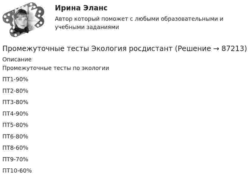      
            Описание
            Промежуточные тесты по экологииПТ1-90%ПТ2-80%ПТ3-80%ПТ4-90%ПТ5-80%ПТ6-80%ПТ8-60%ПТ9-70%ПТ10-60%   
            
            
            Промежуточные тесты Цивилизационные факторы формирования современного государственного управленияПромежуточные тесты Экология росдистантПромежуточный и итоговые тесты по дисциплине Психология современной семьи (магистратура МИП)Промежуточный и итоговый тесты по дисциплине Психология развития человека (магистратура МИП)Промежуточный и итоговый тесты по дисциплине Социальная психология малых групп и личности (магистратура МИП)Промежуточный и итоговый тесты по дисциплине Теории личности в психологии (магистратура МИП)Промежуточный и итоговый тесты по дисциплине Теория, методология и практика психологического консультирования (магистратура МИП)ПРОМЕЖУТОЧНЫЕ ТЕСТЫ (1-9) Введение в строительную профессию ТГУ РосдистантПромежуточные тесты №1-2 (Предпринимательское право, Росдистант)Промежуточные тесты №1-8 (Криминалистика, Росдистант)Промежуточные тесты по дисциплине Право интеллектуальной собственностиПромежуточные ТЕСТЫ (ТГУ - РОСТДИСТАНТ) Промежуточные тесты Уголовный процесс 2Промежуточные тесты управление человеческими ресурсами