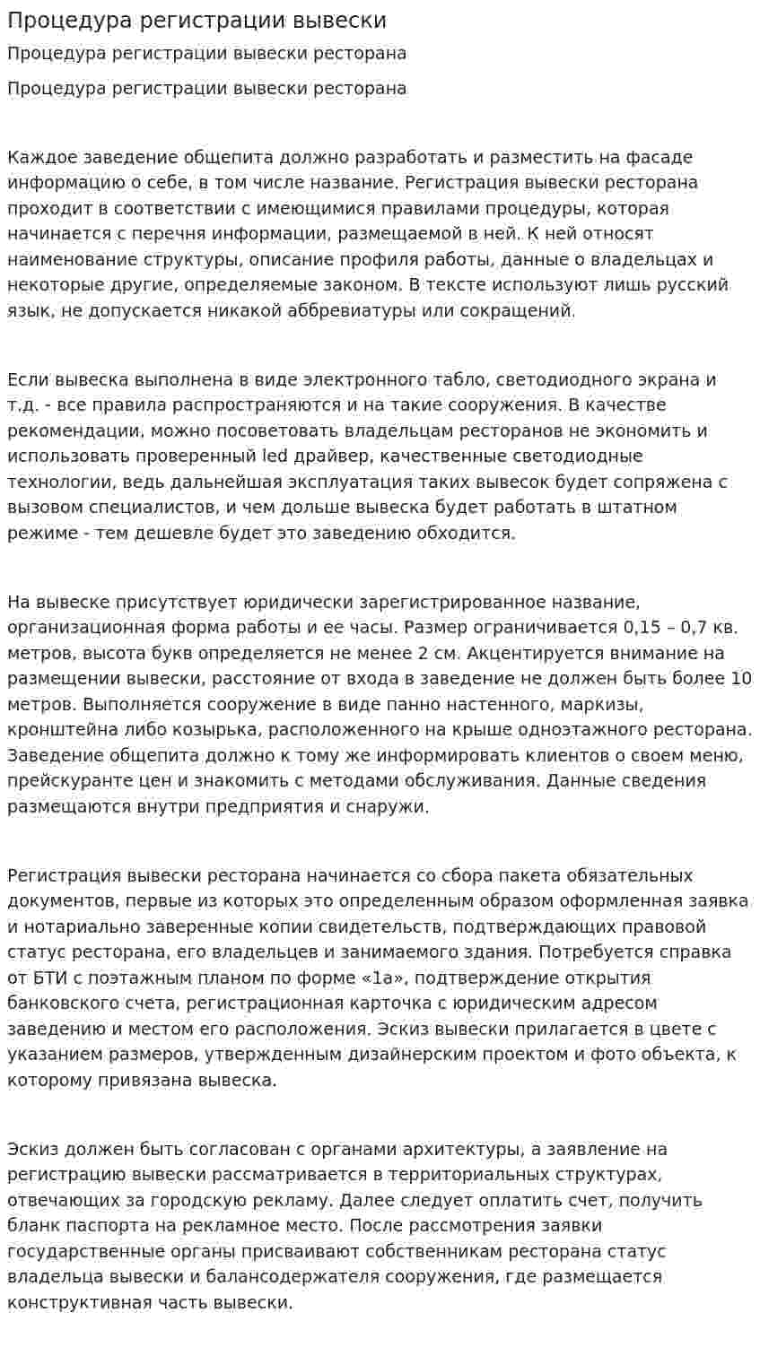 Процедура регистрации вывески