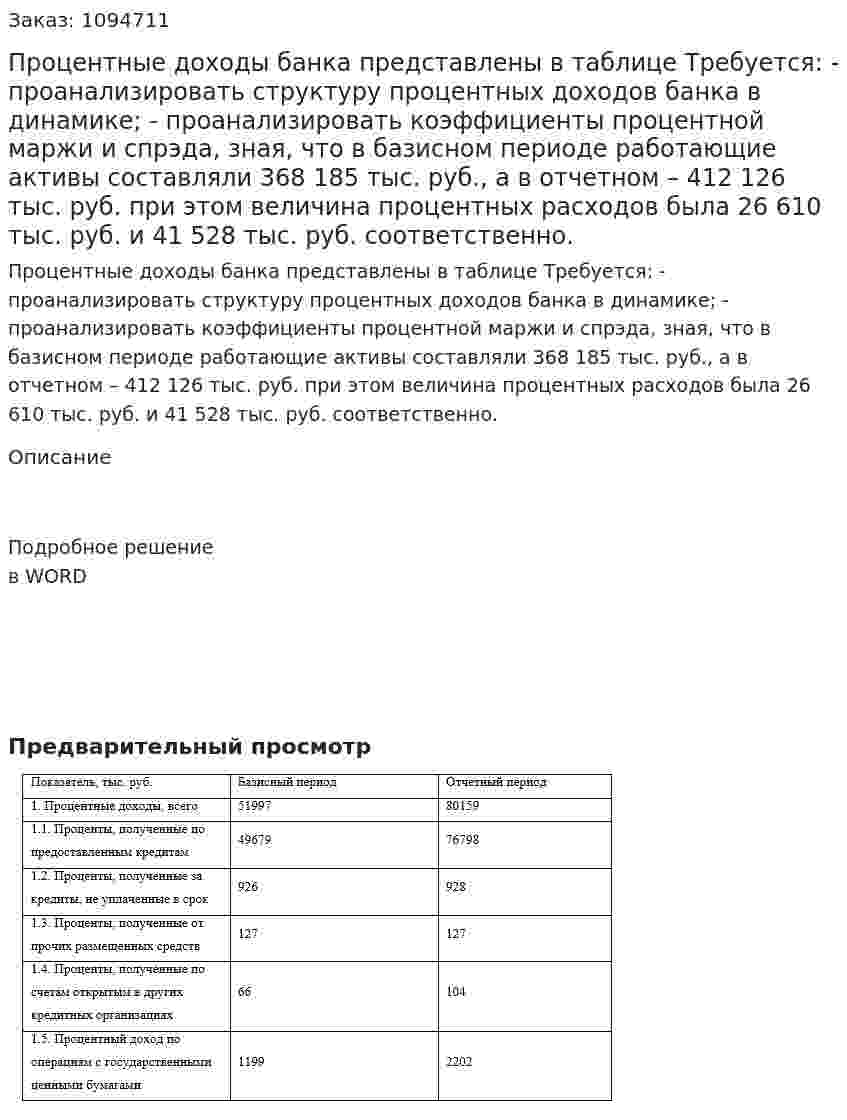 Процентные доходы банка представлены в таблице  Требуется: - проанализировать структуру процентных доходов банка в динамике;  - проанализировать коэффициенты процентной маржи и спрэда, зная, что в базисном периоде работающие активы составляли 368 185 тыс. руб., а в отчетном – 412 126 тыс. руб. при этом величина процентных расходов была 26 610 тыс. руб. и 41 528 тыс. руб. соответственно. 