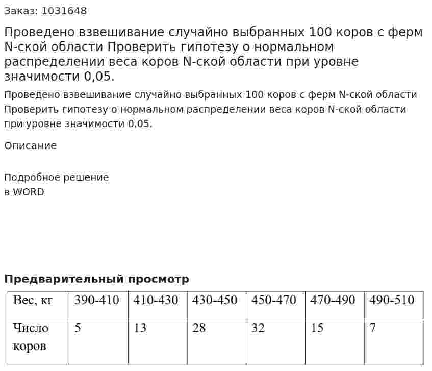 Проведено взвешивание случайно выбранных 100 коров с ферм N-ской области  Проверить гипотезу о нормальном распределении веса коров N-ской области при уровне значимости 0,05. 