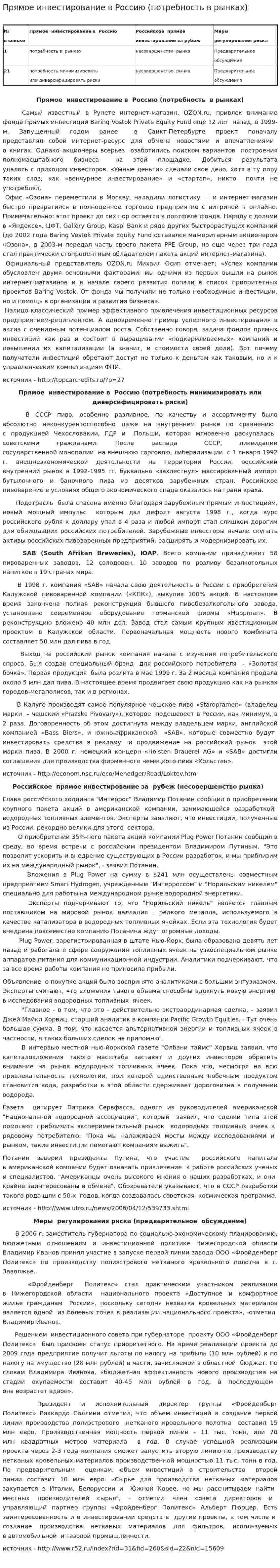Прямое инвестирование в Россию (потребность в рынках)