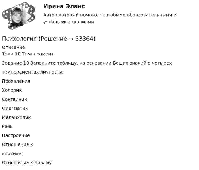      
          Описание
          Тема 10 ТемпераментЗадание 10 Заполните таблицу, на основании Ваших знаний о четырехтемпераментах личности.ПроявленияХолерикСангвиникФлегматикМеланхоликРечьНастроениеОтношение ккритикеОтношение к новому  
            
            
            Психология Психология Психология Психология (57 вопросов)✅ Психология 63 вопроса СИНЕРГИЯ МТИ 2022Психология аддиктивного поведения и созависимости МИППсихология аддиктивного поведения и созависимости МИП Психологическое сопровождение субъектов образования.dor_МАГ. Синергия. Ответы на КОМПЕТЕНТНОСТНЫЙ ТЕСТпсихологияПсихологияПсихологияПсихологияПсихологияПсихология