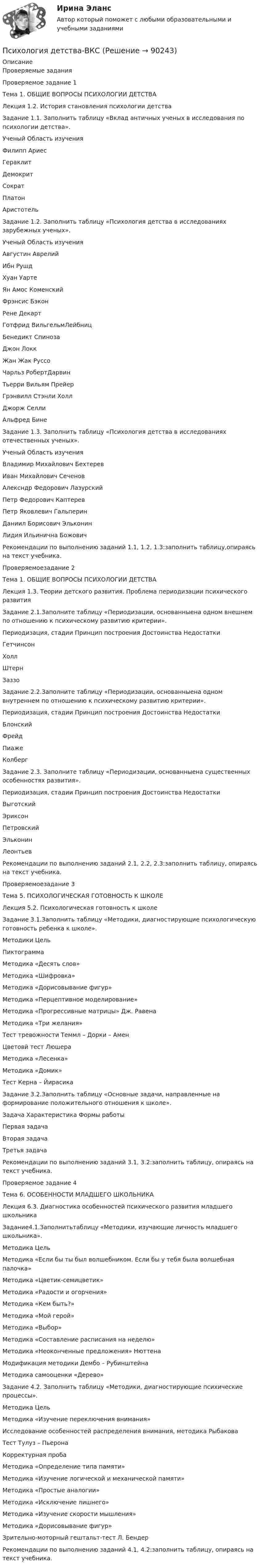     
            Описание
            Проверяемые заданияПроверяемое задание 1Тема 1. ОБЩИЕ ВОПРОСЫ ПСИХОЛОГИИ ДЕТСТВАЛекция 1.2. История становления психологии детстваЗадание 1.1. Заполнить таблицу «Вклад античных ученых в исследования по психологии детства».Ученый	Область изученияФилипп Ариес	Гераклит	Демокрит	Сократ	Платон	Аристотель	Задание 1.2. Заполнить таблицу «Психология детства в исследованиях зарубежных ученых».Ученый	Область изученияАвгустин Аврелий	Ибн Рушд	Хуан Уарте	Ян Амос Коменский	Фрэнсис Бэкон	Рене Декарт	Готфрид ВильгельмЛейбниц	Бенедикт Спиноза	Джон Локк	Жан Жак Руссо	Чарльз РобертДарвин	Тьерри Вильям Прейер	Грэнвилл Стэнли Холл	Джорж Селли	Альфред Бине	Задание 1.3. Заполнить таблицу «Психология детства в исследованиях отечественных ученых».Ученый	Область изученияВладимир Михайлович Бехтерев	Иван Михайлович Сеченов	Алексндр Федорович Лазурский	Петр Федорович Каптерев	Петр Яковлевич Гальперин	Даниил Борисович Эльконин	Лидия Ильинична Божович	Рекомендации по выполнению заданий 1.1, 1.2, 1.3:заполнить таблицу,опираясь на текст учебника.Проверяемоезадание 2Тема 1. ОБЩИЕ ВОПРОСЫ ПСИХОЛОГИИ ДЕТСТВАЛекция 1.3. Теории детского развития. Проблема периодизации психического развитияЗадание 2.1.Заполните таблицу «Периодизации, основанныена одном внешнем по отношению к психическому развитию критерии».Периодизация, стадии	Принцип построения	Достоинства	НедостаткиГетчинсон			Холл			Штерн			Заззо			Задание 2.2.Заполните таблицу «Периодизации, основанныена одном внутреннем по отношению к психическому развитию критерии».Периодизация, стадии	Принцип построения	Достоинства	НедостаткиБлонский			Фрейд			Пиаже			Колберг			Задание 2.3. Заполните таблицу «Периодизации, основанныена существенных особенностях развития».Периодизация, стадии	Принцип построения	Достоинства	НедостаткиВыготский			Эриксон			Петровский			Эльконин			Леонтьев			Рекомендации по выполнению заданий 2.1, 2.2, 2.3:заполнить таблицу, опираясь на текст учебника.Проверяемоезадание 3Тема 5. ПСИХОЛОГИЧЕСКАЯ ГОТОВНОСТЬ К ШКОЛЕЛекция 5.2. Психологическая готовность к школеЗадание 3.1.Заполнить таблицу «Методики, диагностирующие психологическую готовность ребенка к школе».Методики	ЦельПиктограмма	Методика «Десять слов»	Методика «Шифровка»	Методика «Дорисовывание фигур»	Методика «Перцептивное моделирование»	Методика «Прогрессивные матрицы» Дж. Равена	Методика «Три желания»	Тест тревожности Теммл – Дорки – Амен	Цветовй тест Люшера	Методика «Лесенка»	Методика «Домик»	Тест Керна – Йирасика	Задание 3.2.Заполнить таблицу «Основные задачи, направленные на формирование положительного отношения к школе».Задача	Характеристика	Формы работыПервая задача Вторая задача Третья задача Рекомендации по выполнению заданий 3.1, 3.2:заполнить таблицу, опираясь на текст учебника.Проверяемое задание 4Тема 6. ОСОБЕННОСТИ МЛАДШЕГО ШКОЛЬНИКАЛекция 6.3. Диагностика особенностей психического развития младшего школьникаЗадание4.1.Заполнитьтаблицу «Методики, изучающие личность младшего школьника».Методика	ЦельМетодика «Если бы ты был волшебником. Если бы у тебя была волшебная палочка»	Методика «Цветик-семицветик»	Методика «Радости и огорчения»	Методика «Кем быть?»	Методика «Мой герой»	Методика «Выбор»	Методика «Составление расписания на неделю»	Методика «Неоконченные предложения» Нюттена	Модификация методики Дембо – Рубинштейна	Методика самооценки «Дерево»	Задание 4.2. Заполнить таблицу «Методики, диагностирующие психические процессы».Методика	ЦельМетодика «Изучение переключения внимания»	Исследование особенностей распределения внимания, методика Рыбакова	Тест Тулуз – Пьерона	Корректурная проба	Методика «Определение типа памяти»	Методика «Изучение логической и механической памяти»	Методика «Простые аналогии»	Методика «Исключение лишнего»	Методика «Изучение скорости мышления»	Методика «Дорисовывание фигур»	Зрительно-моторный гештальт-тест Л. Бендер	Рекомендации по выполнению заданий 4.1, 4.2:заполнить таблицу, опираясь на текст учебника.   
            
            
            Психология детстваПсихология детства-ВКСПсихология детства РОСДСИАТНТПсихология (ДО, 1 часть)Психология (ДО, 1 часть)Психология (ДО, 1 часть)Психология (ДО, 1 часть)Психология детей с нарушением интеллектаПсихология детско-родительских отношенийПсихология детско-родительских отношенийПсихология детско-родительских отношенийПсихология детско-родительских отношений автоматическое заданиеПсихология детско-родительских отношений Индивидуальное практическое заданиеПсихология детства