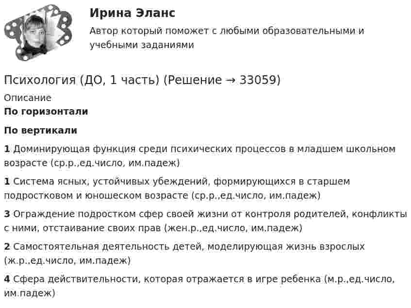      
          Описание
           По горизонтали По вертикали 1 Доминирующая функция среди психических процессов в младшем школьном возрасте (ср.р.,ед.число, им.падеж) 1 Система ясных, устойчивых убеждений, формирующихся в старшем подростковом и юношеском возрасте (ср.р.,ед.число, им.падеж) 3 Ограждение подростком сфер своей жизни от контроля родителей, конфликты с ними, отстаивание своих прав (жен.р.,ед.число, им.падеж) 2 Самостоятельная деятельность детей, моделирующая жизнь взрослых (ж.р.,ед.число, им.падеж) 4 Сфера действительности, которая отражается в игре ребенка (м.р.,ед.число, им.падеж)   
            
            
            Психология (ДО, 1 часть)Психология (ДО, 1 часть)Психология (ДО, 1 часть)Психология (ДО, 1 часть)Психология (ДО, 1 часть) Практическое занятие 2Психология (ДО, 2 часть)Психология (ДО, 2 часть)Психология детстваПсихология детстваПсихология детстваПсихология детства-ВКСПсихология детства РОСДСИАТНТПсихология (ДО, 1 часть)Психология (ДО, 1 часть)
