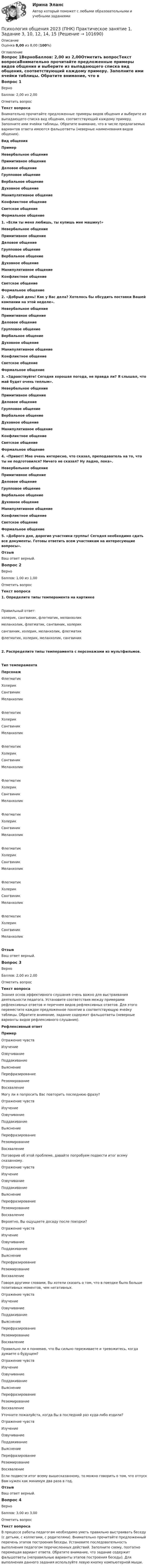      
            Описание
            Оценка 8,00 из 8,00 (100%) 
            Оглавление
            Вопрос 1ВерноБаллов: 2,00 из 2,00Отметить вопросТекст вопросаВнимательно прочитайте предложенные примеры видов общения и выберите из выпадающего списка вид общения, соответствующий каждому примеру. Заполните ими ячейки таблицы. Обратите внимание, что в числе предлагаемых вариантов ответа имеются фальшответы (неверные наименования видов общения).Вид общенияПример Невербальное общениеПримитивное общениеДеловое общениеГрупповое общениеВербальное общениеДуховное общениеМанипулятивное общениеКонфликтное общениеСветское общениеФормальное общение 1. «Если ты меня любишь, ты купишь мне машину!» Невербальное общениеПримитивное общениеДеловое общениеГрупповое общениеВербальное общениеДуховное общениеМанипулятивное общениеКонфликтное общениеСветское общениеФормальное общение 2. «Добрый день! Как у Вас дела? Хотелось бы обсудить поставки Вашей компании на этой неделе». Невербальное общениеПримитивное общениеДеловое общениеГрупповое общениеВербальное общениеДуховное общениеМанипулятивное общениеКонфликтное общениеСветское общениеФормальное общение 3. «Здравствуйте! Сегодня хорошая погода, не правда ли? Я слышал, что май будет очень теплым». Невербальное общениеПримитивное общениеДеловое общениеГрупповое общениеВербальное общениеДуховное общениеМанипулятивное общениеКонфликтное общениеСветское общениеФормальное общение 4. «Привет! Мне очень интересно, что сказал, преподаватель на то, что ты не подготовился? Ничего не сказал? Ну ладно, пока». Невербальное общениеПримитивное общениеДеловое общениеГрупповое общениеВербальное общениеДуховное общениеМанипулятивное общениеКонфликтное общениеСветское общениеФормальное общение 5. «Доброго дня, дорогие участники группы! Сегодня необходимо сдать все документы. Готовы ответить всем участникам на интересующие вопросы».   ОтзывВаш ответ верный.Вопрос 2ВерноБаллов: 1,00 из 1,00Отметить вопросТекст вопроса1. Определите типы темперамента на картинкеПравильный ответ:  холерик, сангвиник, флегматик, меланхоликмеланхолик, флегматик, сангвиник, холериксангвиник, холерик, меланхолик, флегматикфлегматик, холерик, меланхолик, сангвиник 2.  Распределите типы темперамента с персонажами из мультфильмов.Тип темпераментаПерсонаж    ФлегматикХолерикСангвиникМеланхолик      ФлегматикХолерикСангвиникМеланхолик      ФлегматикХолерикСангвиникМеланхолик      ФлегматикХолерикСангвиникМеланхолик      ФлегматикХолерикСангвиникМеланхолик      ФлегматикХолерикСангвиникМеланхолик      ФлегматикХолерикСангвиникМеланхолик      ФлегматикХолерикСангвиникМеланхолик ОтзывВаш ответ верный.Вопрос 3ВерноБаллов: 2,00 из 2,00Отметить вопросТекст вопросаЗнания основ эффективного слушания очень важно для выстраивания деятельности педагога. Установите соответствия между примерами рефлексивных ответов и перечнем видов рефлексивных ответов. Для этого переместите каждое предложенное понятие в соответствующую ячейку таблицы. Обратите внимание, задание содержит фальшответы (неверные варианты видов рефлексивного слушания).Рефлексивный ответПример Отражение чувствИзучениеОзвучиваниеПоддакиваниеВыяснениеПерефразированиеРезюмированиеВосхваление Могу ли я попросить Вас повторить последнюю фразу?  Отражение чувствИзучениеОзвучиваниеПоддакиваниеВыяснениеПерефразированиеРезюмированиеВосхваление Поговорив об этой проблеме, давайте попробуем подвести итог всему сказанному. Отражение чувствИзучениеОзвучиваниеПоддакиваниеВыяснениеПерефразированиеРезюмированиеВосхваление Вероятно, Вы ощущаете досаду после поездки?  Отражение чувствИзучениеОзвучиваниеПоддакиваниеВыяснениеПерефразированиеРезюмированиеВосхваление Говоря другими словами, Вы хотели сказать о том, что в поездке было больше позитивных моментов, чем негативных.  Отражение чувствИзучениеОзвучиваниеПоддакиваниеВыяснениеПерефразированиеРезюмированиеВосхваление Правильно ли я понимаю, что Вы сильно переживаете и тревожитесь, когда думаете о будущем?  Отражение чувствИзучениеОзвучиваниеПоддакиваниеВыяснениеПерефразированиеРезюмированиеВосхваление Уточните пожалуйста, когда Вы в последний раз куда-либо ездили?  Отражение чувствИзучениеОзвучиваниеПоддакиваниеВыяснениеПерефразированиеРезюмированиеВосхваление Если подвести итог всему вышесказанному, то можно говорить о том, что отпуск Вам нужен как минимум два раза в год.  ОтзывВаш ответ верный.Вопрос 4ВерноБаллов: 3,00 из 3,00Отметить вопросТекст вопросаВ процессе работы педагогам необходимо уметь правильно выстраивать беседу (с детьми, с коллегами, с родителями). Внимательно прочитайте предложенный перечень этапов построения беседы. Установите последовательность выполнения педагогом перечисленных действий. Заполните схему, поэтапно перемещая вариант ответа. Обратите внимание, что задание содержит фальшответы (неправильные варианты этапов построения беседы). Для выполнения данного задания используйте левую кнопку компьютерной мыши.  