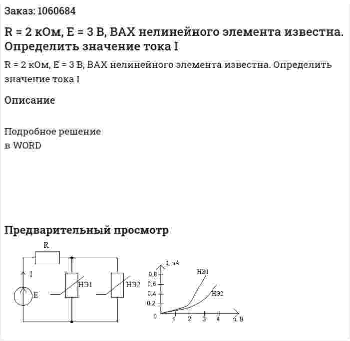 R = 2 кОм, Е = 3 В, ВАХ нелинейного элемента известна. Определить значение тока I 