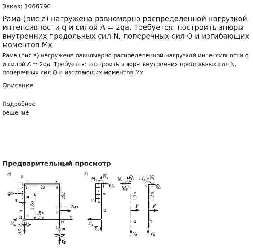 Рама (рис а) нагружена равномерно распределенной нагрузкой интенсивности q и силой А = 2qa. Требуется: построить эпюры внутренних продольных сил N, поперечных сил Q и изгибающих моментов Mx 