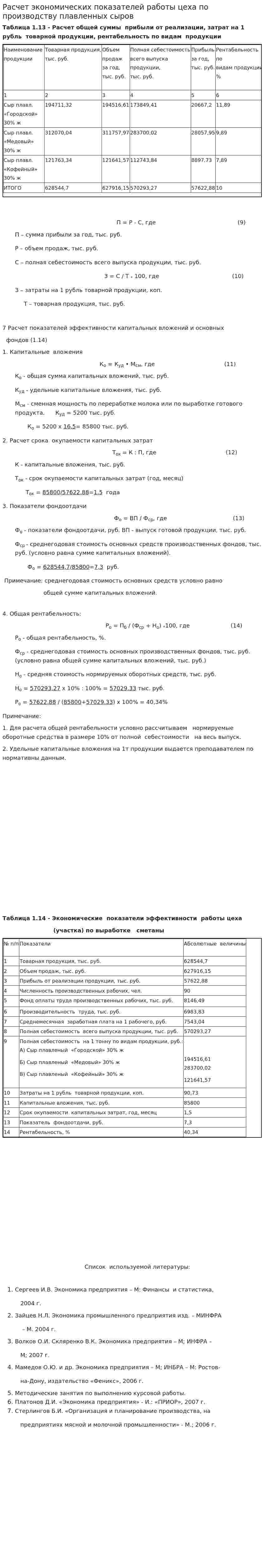 Расчет экономических показателей работы цеха по производству плавленных сыров