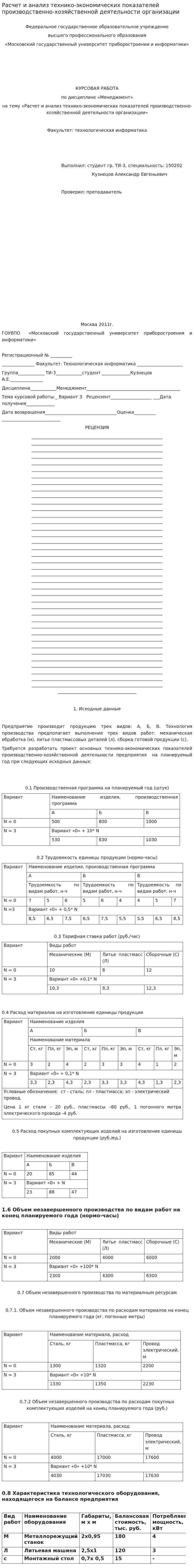 Расчет и анализ технико-экономических показателей производственно-хозяйственной деятельности организации