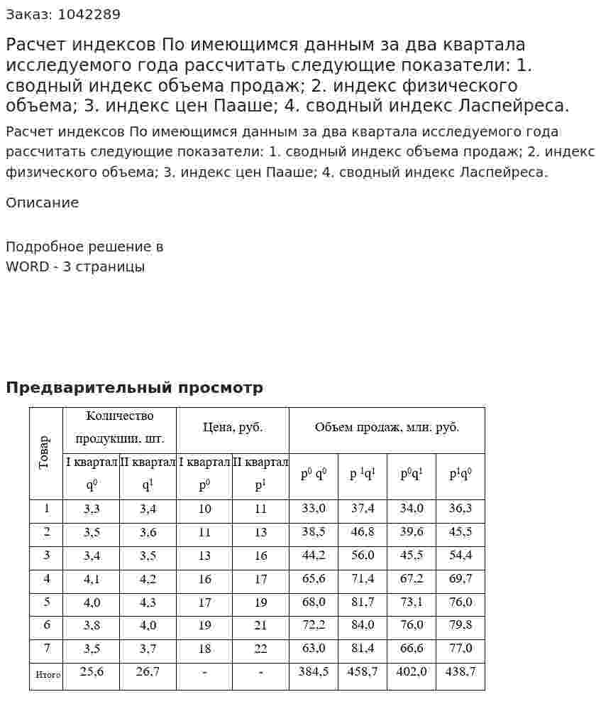 Расчет  индексов  По имеющимся данным за два квартала исследуемого года рассчитать следующие показатели:  1. сводный индекс объема продаж;  2. индекс физического объема;  3. индекс цен Пааше;  4. сводный индекс Ласпейреса. 