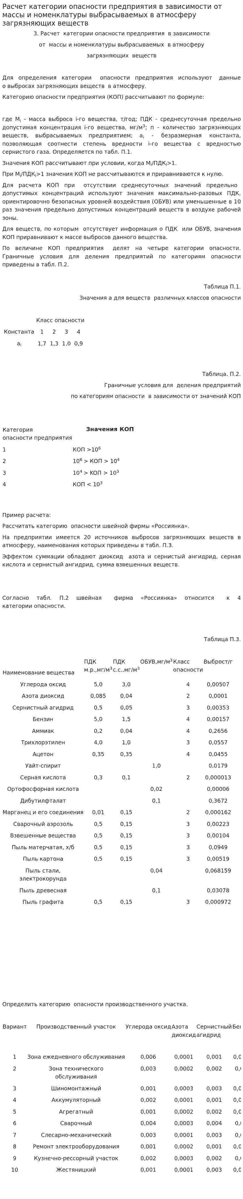 Расчет категории опасности предприятия в зависимости от массы и номенклатуры выбрасываемых в атмосферу загрязняющих веществ. 2