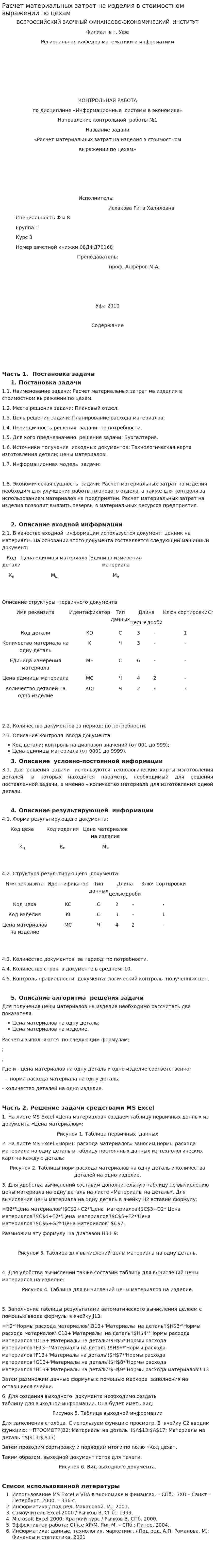 Расчет материальных затрат на изделия в стоимостном выражении по цехам