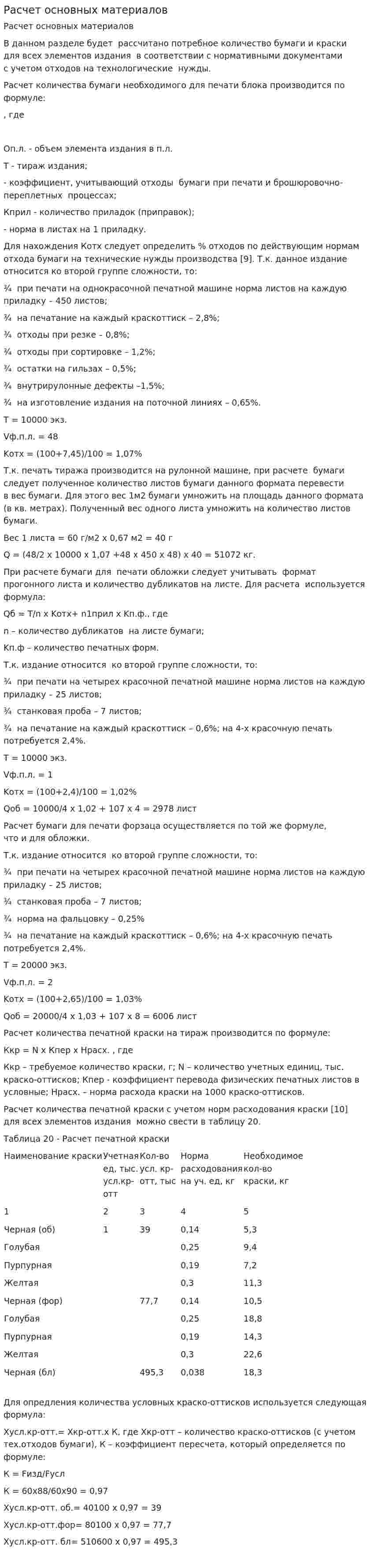 Расчет основных материалов
