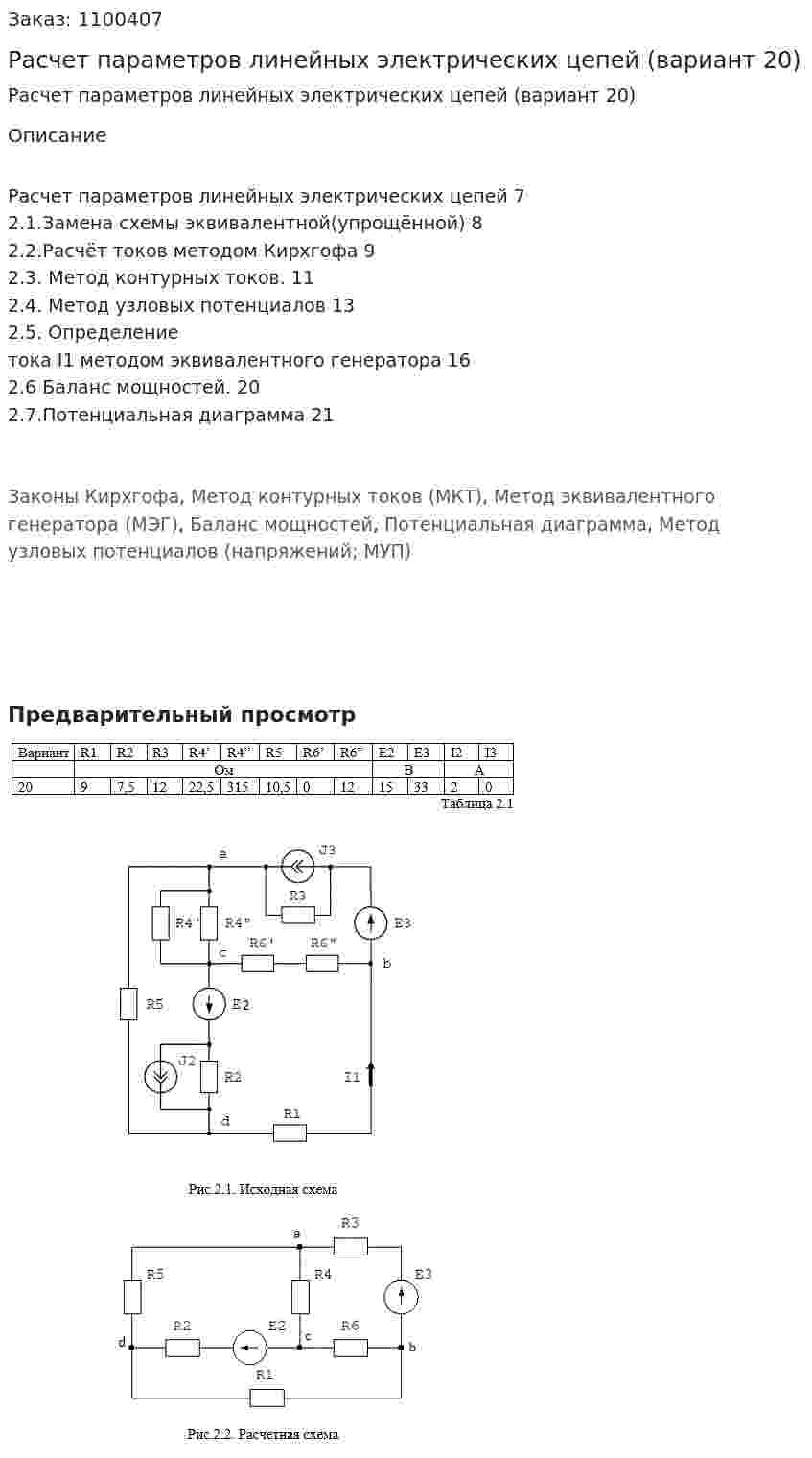 Расчет параметров линейных электрических цепей (вариант 20) 