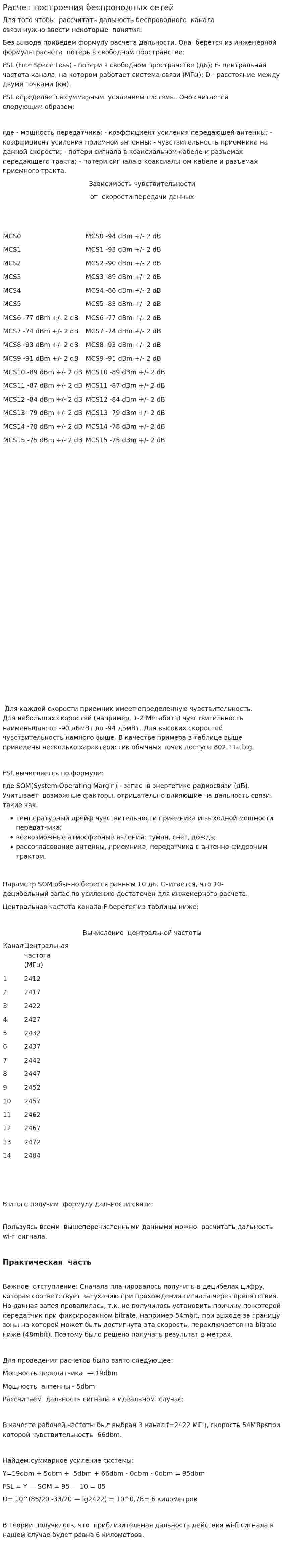 Расчет построения беспроводных сетей