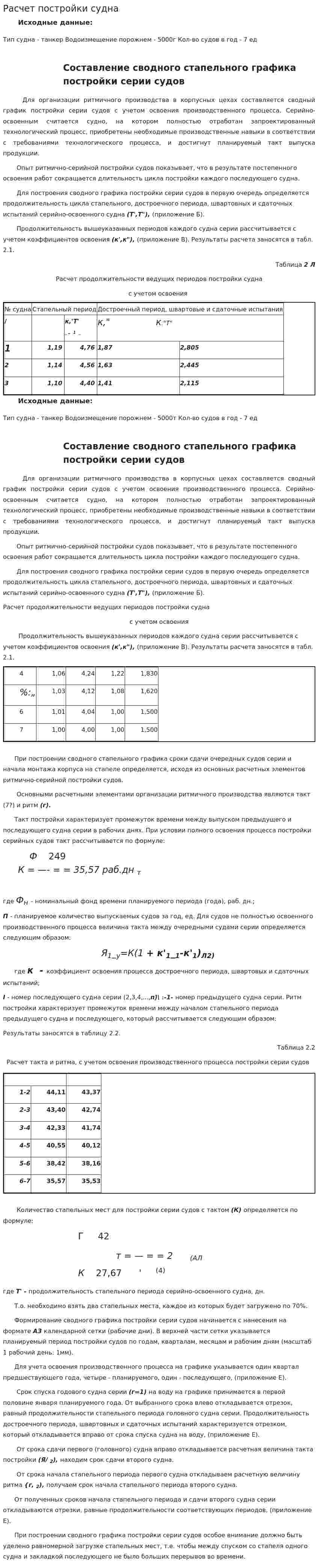 Расчет постройки судна