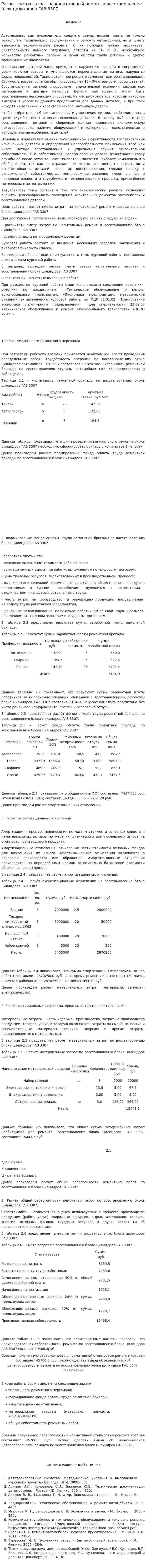 Расчет сметы затрат на капитальный ремонт и восстановление блок цилиндров ГАЗ 3307