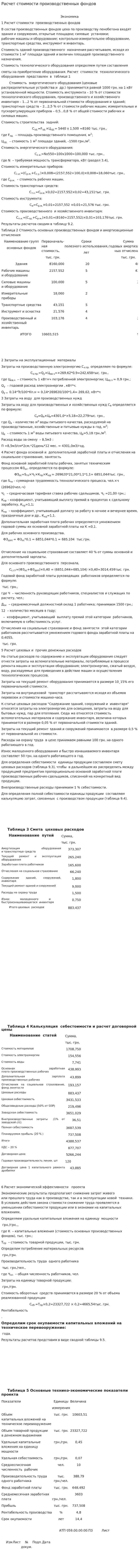 Расчет стоимости производственных фондов