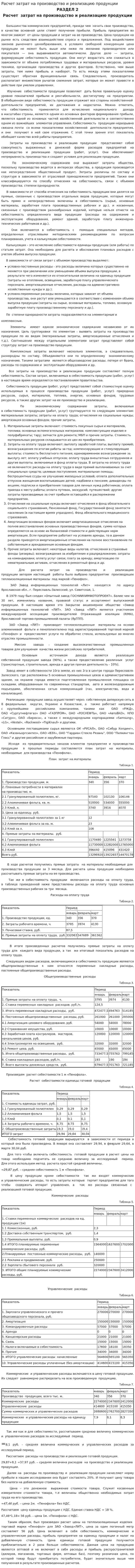 Расчет затрат на производство и реализацию продукции