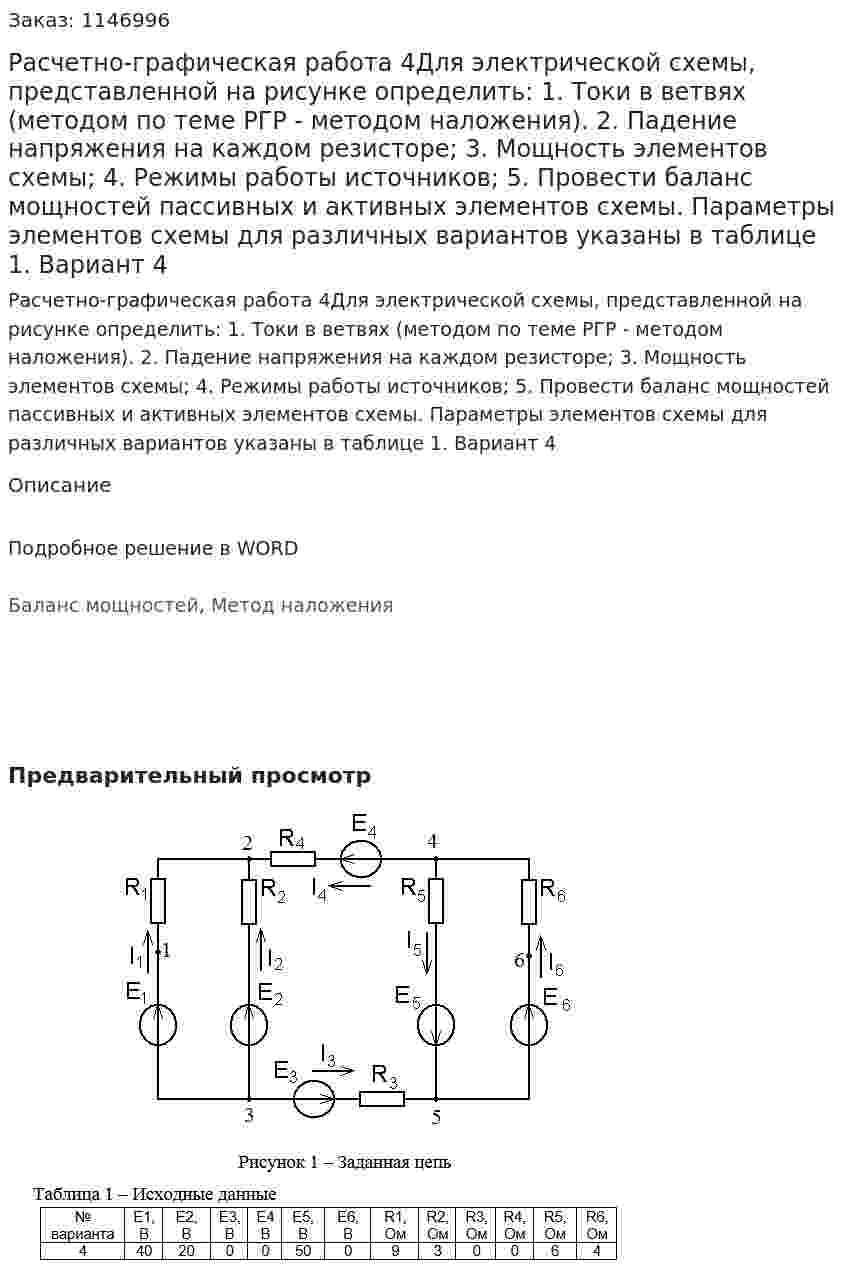 Расчетно-графическая работа 4Для электрической схемы, представленной на рисунке определить:  1.	Токи в ветвях (методом по теме РГР - методом наложения).  2.	Падение напряжения на каждом резисторе; 3.	Мощность элементов схемы; 4.	 Режимы работы источников; 5.	Провести баланс мощностей пассивных и активных элементов схемы. Параметры элементов схемы  для различных вариантов указаны в таблице 1. Вариант 4 