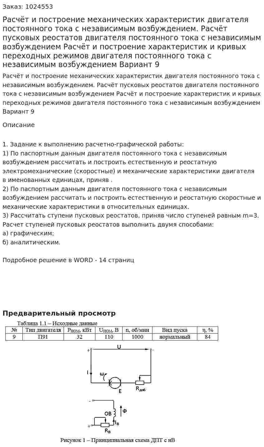 Расчёт и построение механических характеристик двигателя постоянного тока с независимым возбуждением.  Расчёт пусковых реостатов двигателя постоянного тока с независимым возбуждением Расчёт и построение характеристик и кривых переходных режимов двигателя постоянного тока с независимым возбуждением Вариант 9 
