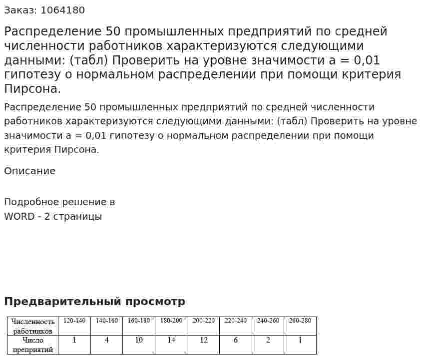 Распределение 50 промышленных предприятий по средней численности работников характеризуются следующими данными: (табл) Проверить на уровне значимости а = 0,01 гипотезу о нормальном распределении при помощи критерия Пирсона.  