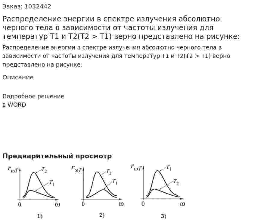 Распределение энергии в спектре излучения абсолютно черного тела в зависимости от частоты излучения для температур Т1 и Т2(Т2 > Т1) верно представлено на рисунке: 