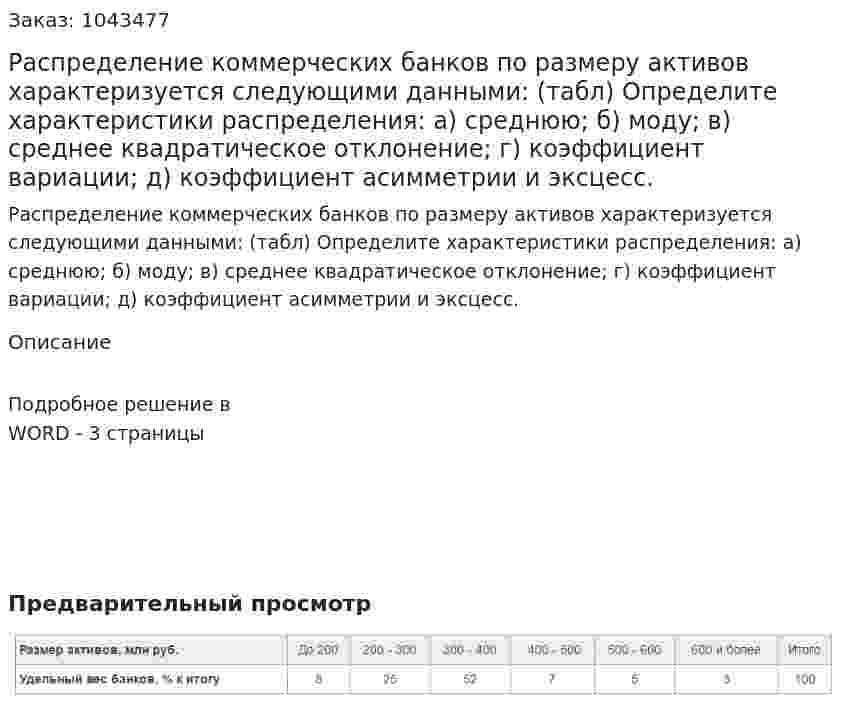 Распределение коммерческих банков по размеру активов характеризуется следующими данными: (табл) Определите характеристики распределения:  а) среднюю;  б) моду;  в) среднее квадратическое отклонение;  г) коэффициент вариации;  д) коэффициент асимметрии и эксцесс. 