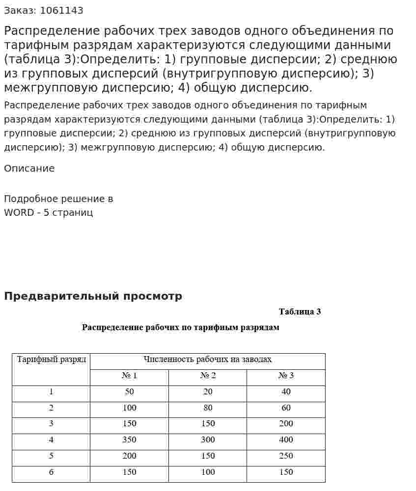 Распределение рабочих трех заводов одного объединения по тарифным разрядам характеризуются следующими данными (таблица 3):Определить: 1) групповые дисперсии; 2) среднюю из групповых дисперсий (внутригрупповую дисперсию); 3) межгрупповую дисперсию; 4) общую дисперсию. 