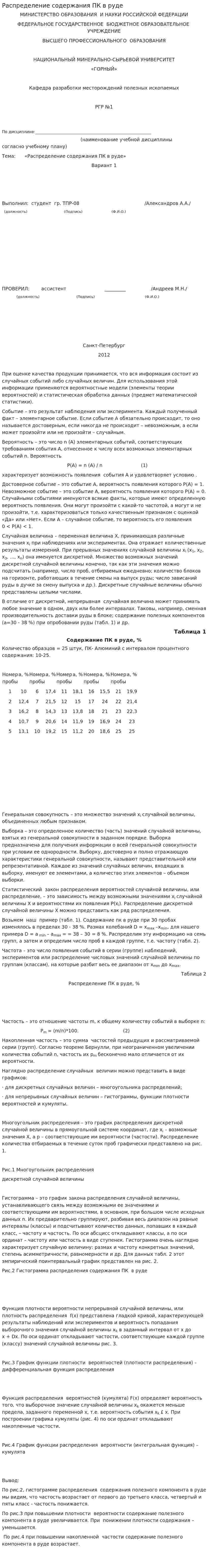 Распределение содержания ПК в руде