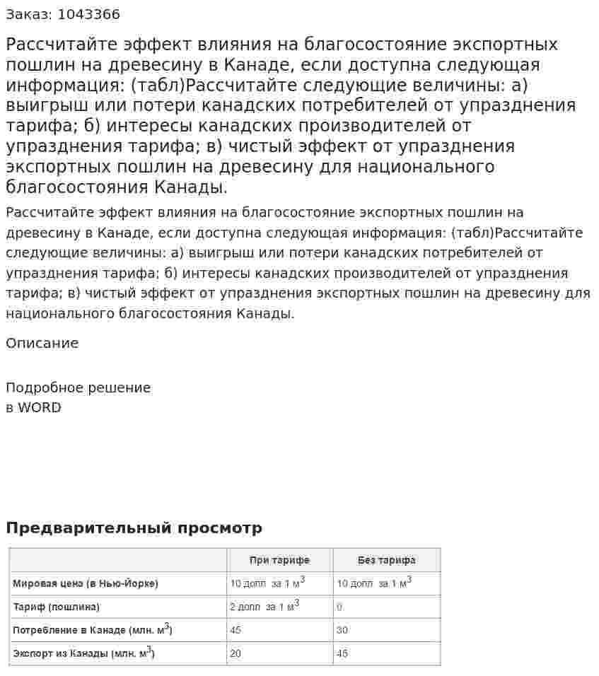 Рассчитайте эффект влияния на благосостояние экспортных пошлин на древесину в Канаде, если доступна следующая информация:	(табл)Рассчитайте следующие величины:  а) выигрыш или потери канадских потребителей от упразднения тарифа;  б) интересы канадских производителей от упразднения тарифа;  в) чистый эффект от упразднения экспортных пошлин на древесину для национального благосостояния Канады. 