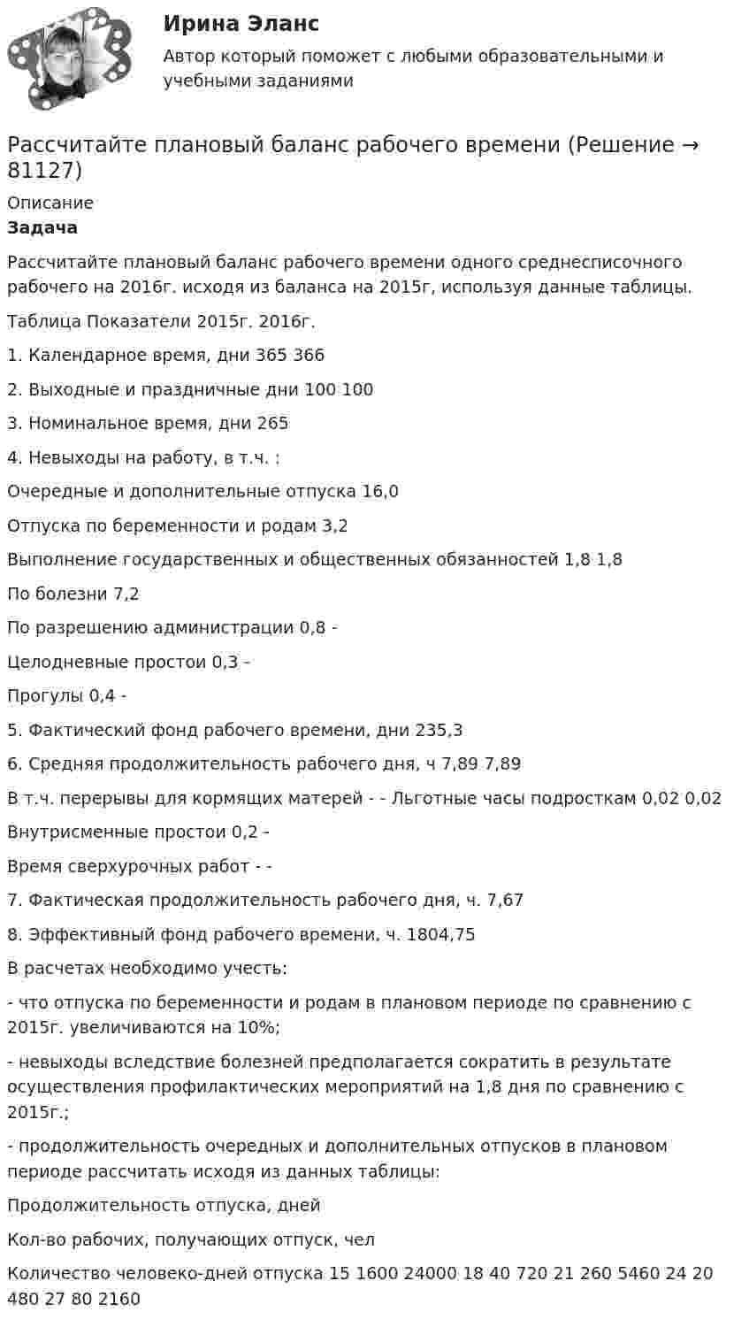     
            Описание
             Задача	 	Рассчитайте плановый баланс рабочего времени одного среднесписочного рабочего на 2016г. исходя из баланса на 2015г, используя данные таблицы.	 Таблица   Показатели 2015г. 2016г.   1. Календарное время, дни 365 366   2. Выходные и праздничные дни 100 100   3. Номинальное время, дни 265     4. Невыходы на работу, в т.ч. :  Очередные и дополнительные отпуска 16,0  Отпуска по беременности и родам 3,2  Выполнение государственных и       общественных обязанностей 1,8 1,8По болезни  7,2  По разрешению администрации 0,8 -Целодневные простои 0,3 -Прогулы 0,4 -   5. Фактический фонд рабочего времени, дни 235,3  6. Средняя продолжительность рабочего дня, ч 7,89 7,89      В т.ч. перерывы для кормящих матерей - -     Льготные часы подросткам 0,02 0,02      Внутрисменные простои 0,2 -      Время сверхурочных работ - -   7. Фактическая продолжительность рабочего дня, ч. 7,67  8. Эффективный фонд рабочего времени, ч. 1804,75В расчетах необходимо учесть:	- что отпуска по беременности и родам в плановом периоде по сравнению с 2015г. увеличиваются на 10%;	- невыходы вследствие болезней предполагается сократить в результате осуществления профилактических мероприятий на 1,8 дня по сравнению с 2015г.;	- продолжительность очередных и дополнительных отпусков в плановом периоде рассчитать исходя из данных таблицы:Продолжительность отпуска, дней Кол-во рабочих, получающих отпуск, чел Количество человеко-дней отпуска   15 1600 24000   18 40 720   21 260 5460   24 20 480   27 80 2160      
            
            
             рассчитайте плановые и фактические затраты на 1 рубль реализованной продукции.Рассчитайте плановый баланс рабочего времени Рассчитайте показатель уровня существенности по финансовой (бухгалтерской) отчетности в целом и по строке бухгалтерского баланса «Основные средства», используя данные таблицы.Рассчитайте показатель уровня существенности по финансовой (бухгалтерской) отчетности в целом и по строке бухгалтерского баланса «Основные средства», используя данные таблицы.. 2Рассчитайте потребность многооборотной тары, если годовая производственная программа 10000 тонн. Емкость одного ящика 20 кг. Количество оборотов до полного износа 30. Выводы и предложенияРассчитайте потребность проекта в ресурсе, если известно, что оптимальный размер Рассчитайте потребность проекта в финансировании, момент окупаемости данного проекта Рассчитайте длительность фронта выходного сигнала tф, приняв диод идеальным, Rн=Ro=200 Ом, Сд=Сн=10 пФ.Рассчитайте индивидуальные базисные индексы цен и базисные индексы цен Ласпейреса и Пааше на сырье и на готовую продукцию. Как изменились на рынке ценовые условия бизнеса для фирмы, если судить по «идеальному» индексу цен Фишера?Рассчитайте итоговый пенсионный коэффициент, если заработная плата составляла в 2012 году – 28 тыс. в месяц; в 2013 году – 35 тыс. в месяц, в 2014 году 30 тыс. в месяц, в 2015 году – 42 тыс. в месяц.Рассчитайте коэффициент утраты платежеспособности за периодРассчитайте массовую долю (%) каждого элемента, входящего в состав KCIO4, KMnO4, Na3PO4Рассчитайте массу навески соли K2Cr2O7, необходимую для приготовления 2 л 0,1500 М раствора дихромата калия. 	Рассчитайте отдельные цены товара согласно перечню Международных правил «Инкотермс 2022» : FAS, FOB, CIF: