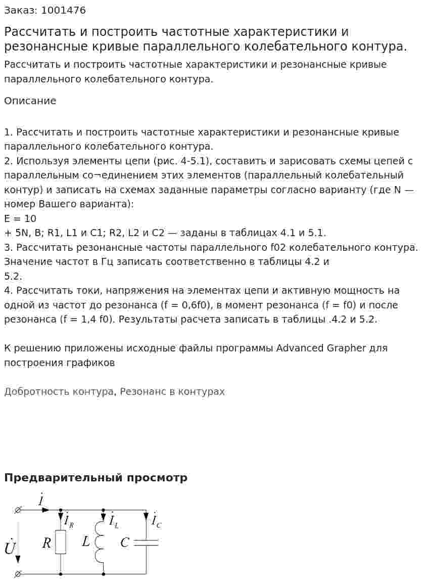 Рассчитать и построить частотные характеристики и резонансные кривые параллельного колебательного контура.  