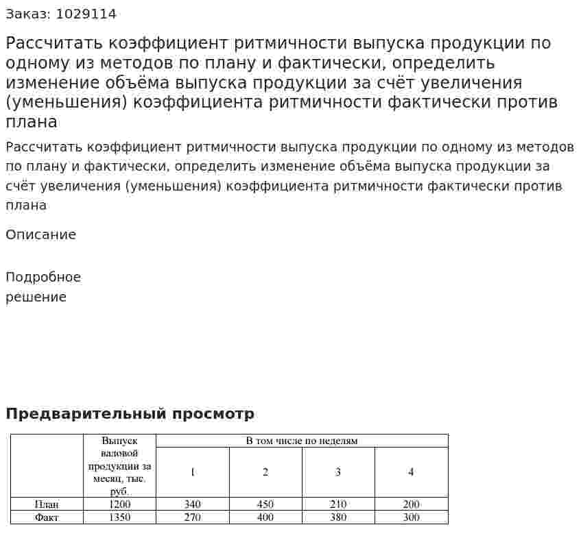 Рассчитать коэффициент ритмичности выпуска продукции по одному из методов по плану и фактически, определить изменение объёма выпуска продукции за счёт увеличения (уменьшения) коэффициента ритмичности фактически против плана 