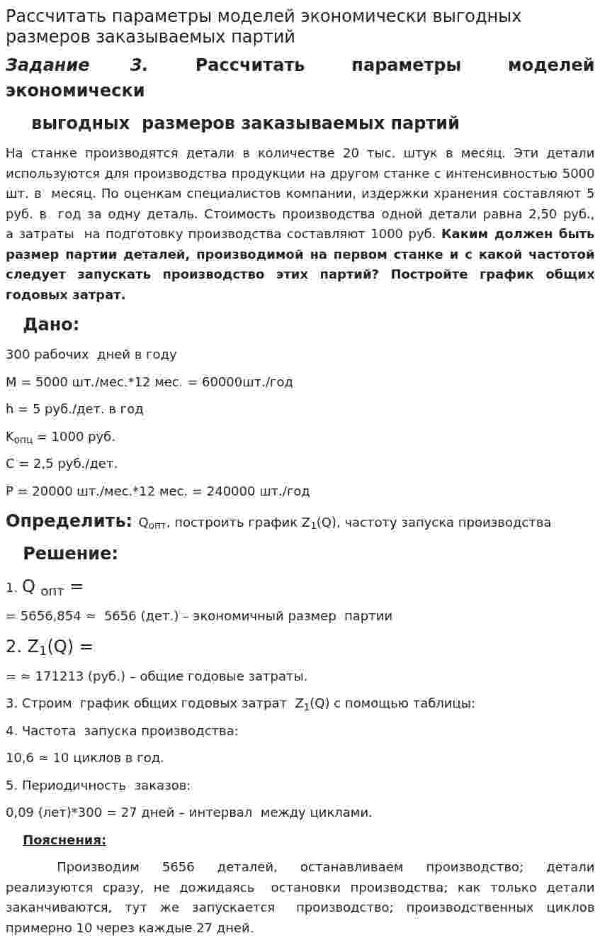 Рассчитать параметры моделей экономически выгодных размеров заказываемых партий