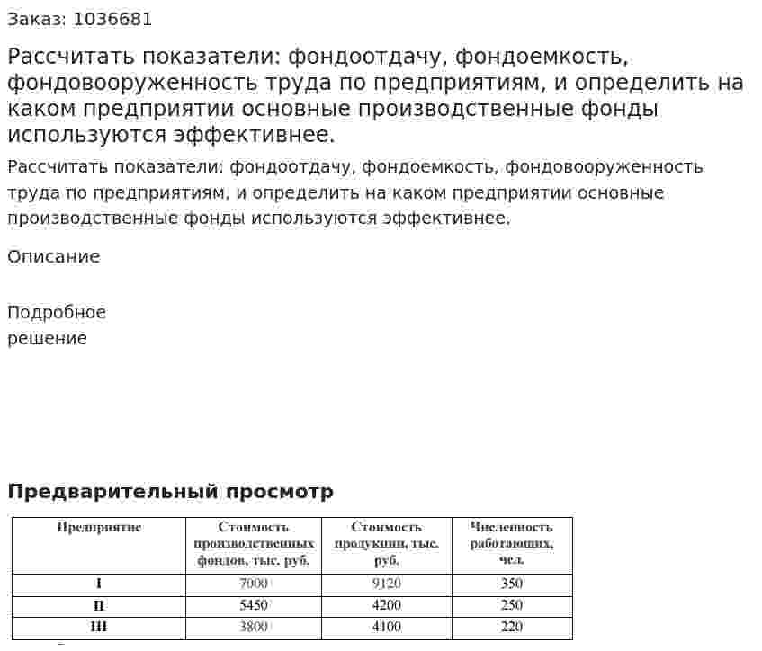 Рассчитать показатели: фондоотдачу, фондоемкость, фондовооруженность труда по предприятиям, и определить на каком предприятии основные производственные фонды используются эффективнее.  