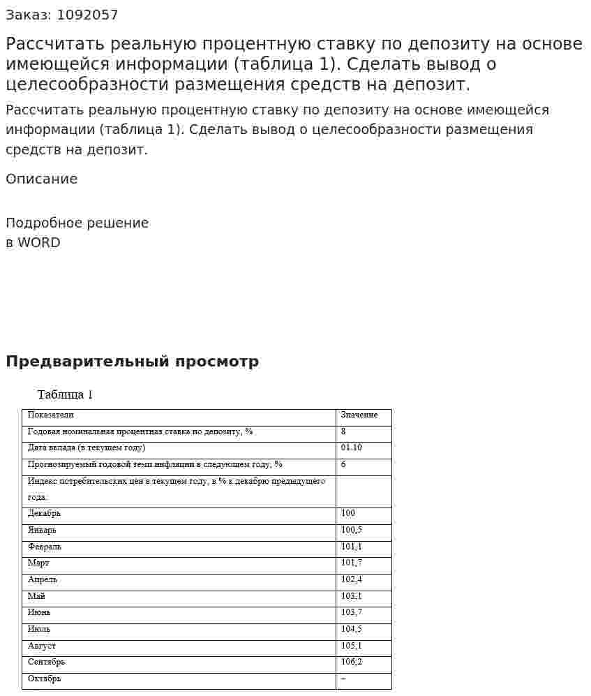 Рассчитать реальную процентную ставку по депозиту на основе имеющейся информации (таблица 1). Сделать вывод о целесообразности размещения средств на депозит. 