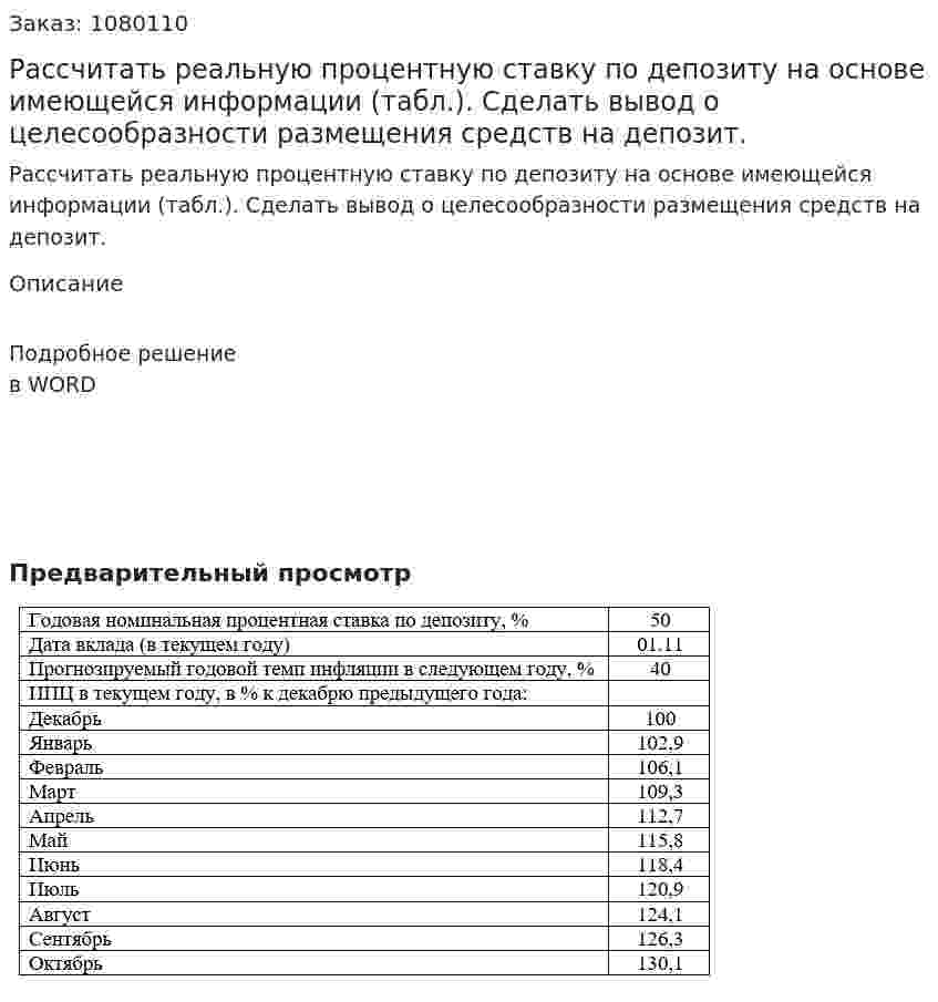 Рассчитать реальную процентную ставку по депозиту на основе имеющейся информации (табл.). Сделать вывод о целесообразности размещения средств на депозит. 