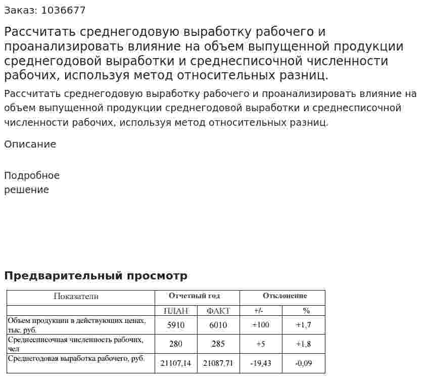 Рассчитать среднегодовую выработку рабочего и проанализировать влияние на объем выпущенной продукции среднегодовой выработки и среднесписочной численности рабочих, используя метод относительных разниц.  
