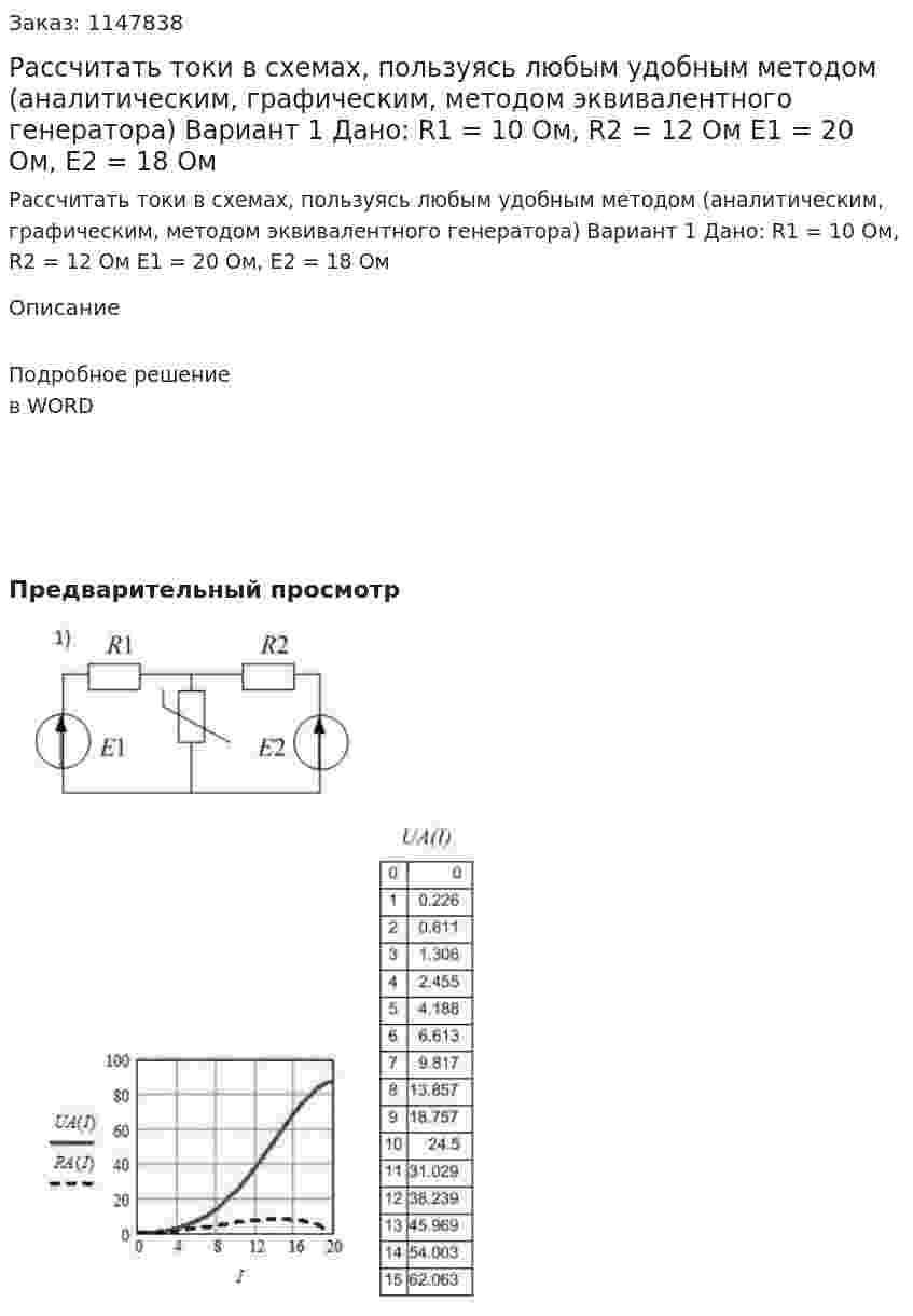Рассчитать токи в схемах, пользуясь любым удобным методом (аналитическим, графическим, методом эквивалентного генератора) Вариант 1  Дано: R1 = 10 Ом, R2 = 12 Ом E1 = 20 Ом, Е2 = 18 Ом 