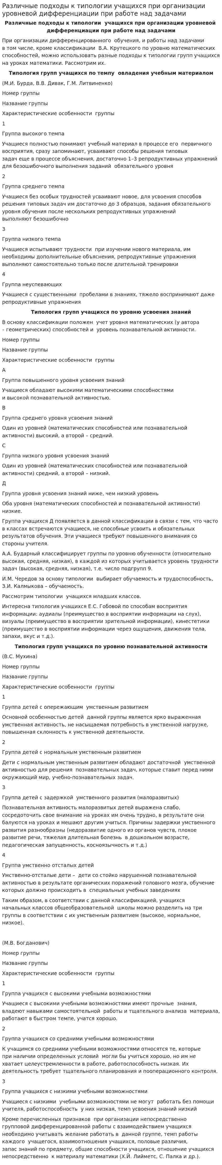 Различные подходы к типологии учащихся при организации уровневой дифференциации при работе над задачами