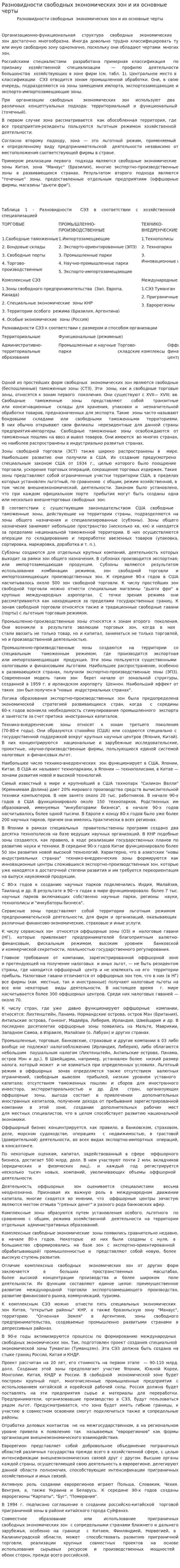 Разновидности свободных экономических зон и их основные черты